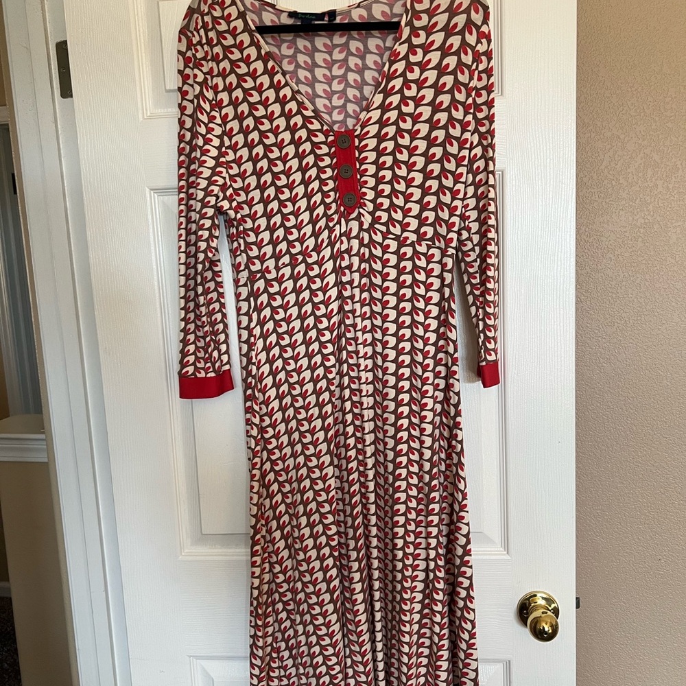 Boden Red and White Geometric Long Sleeve Dress